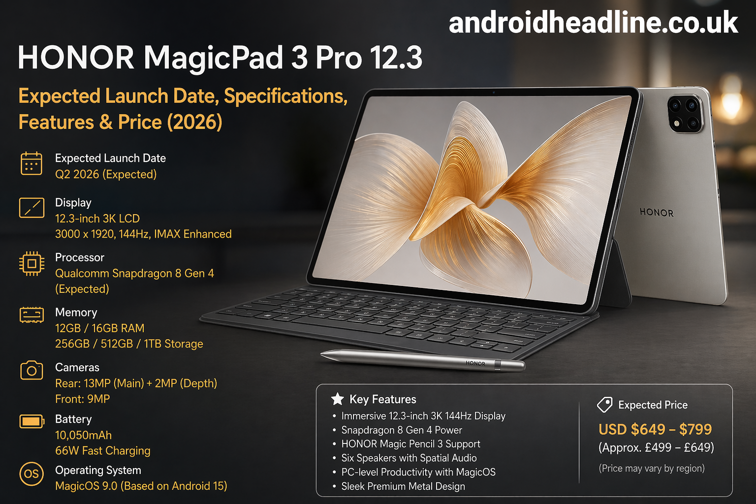 Honor MagicPad 3 Pro 12.3: Expected Launch Date, Specifications, Features & Price (2026)