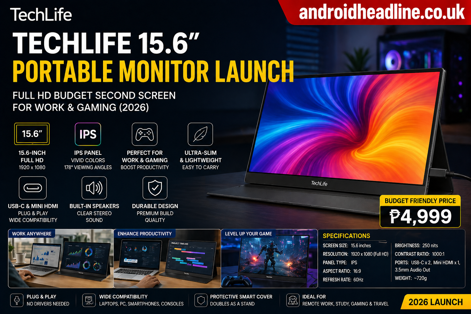 TechLife 15.6” Portable Monitor Launch – Full HD Budget Second Screen for Work & Gaming (2026)