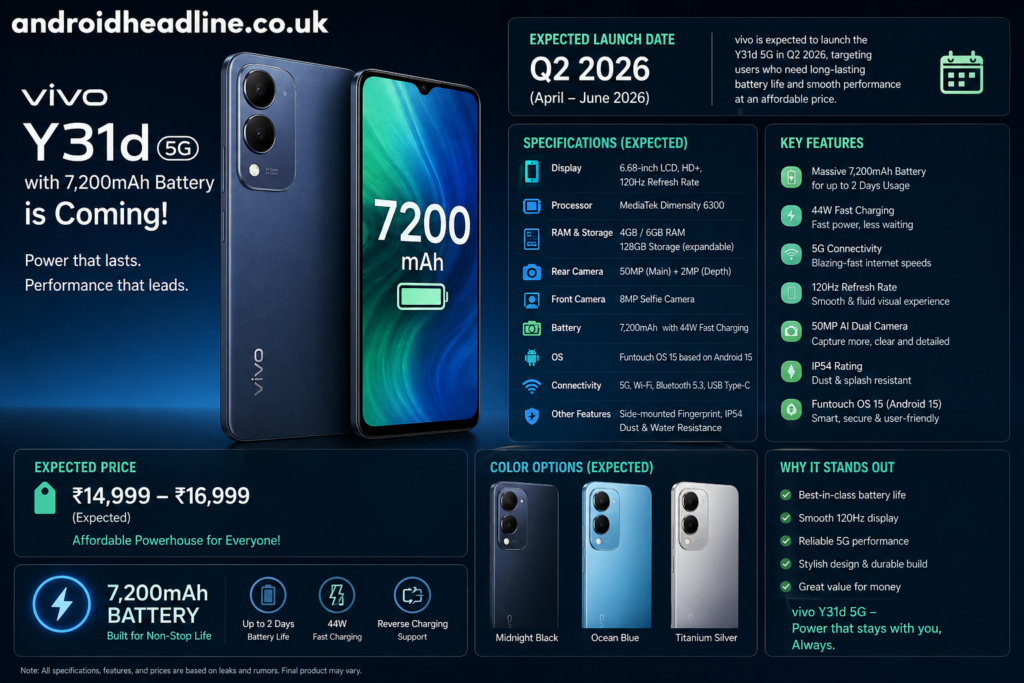 Vivo Y31d (2026) with 7,200mAh Battery – Launch Date, Specs, Price & Features